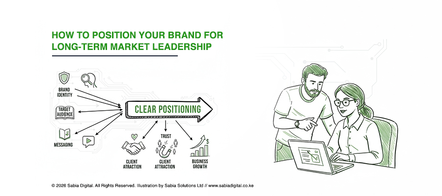 Illustrated brand strategy and positioning infographic showing brand identity, target audience, core values, and messaging leading to clear positioning, trust, client attraction, and business growth, designed by Sabia Digital Solutions.