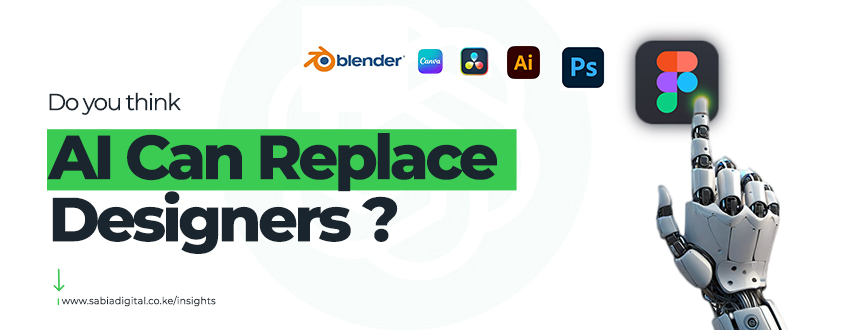 Robot hand interacting with various design software icons (Blender, Adobe, Figma), symbolizing the integration of AI into the creative design process