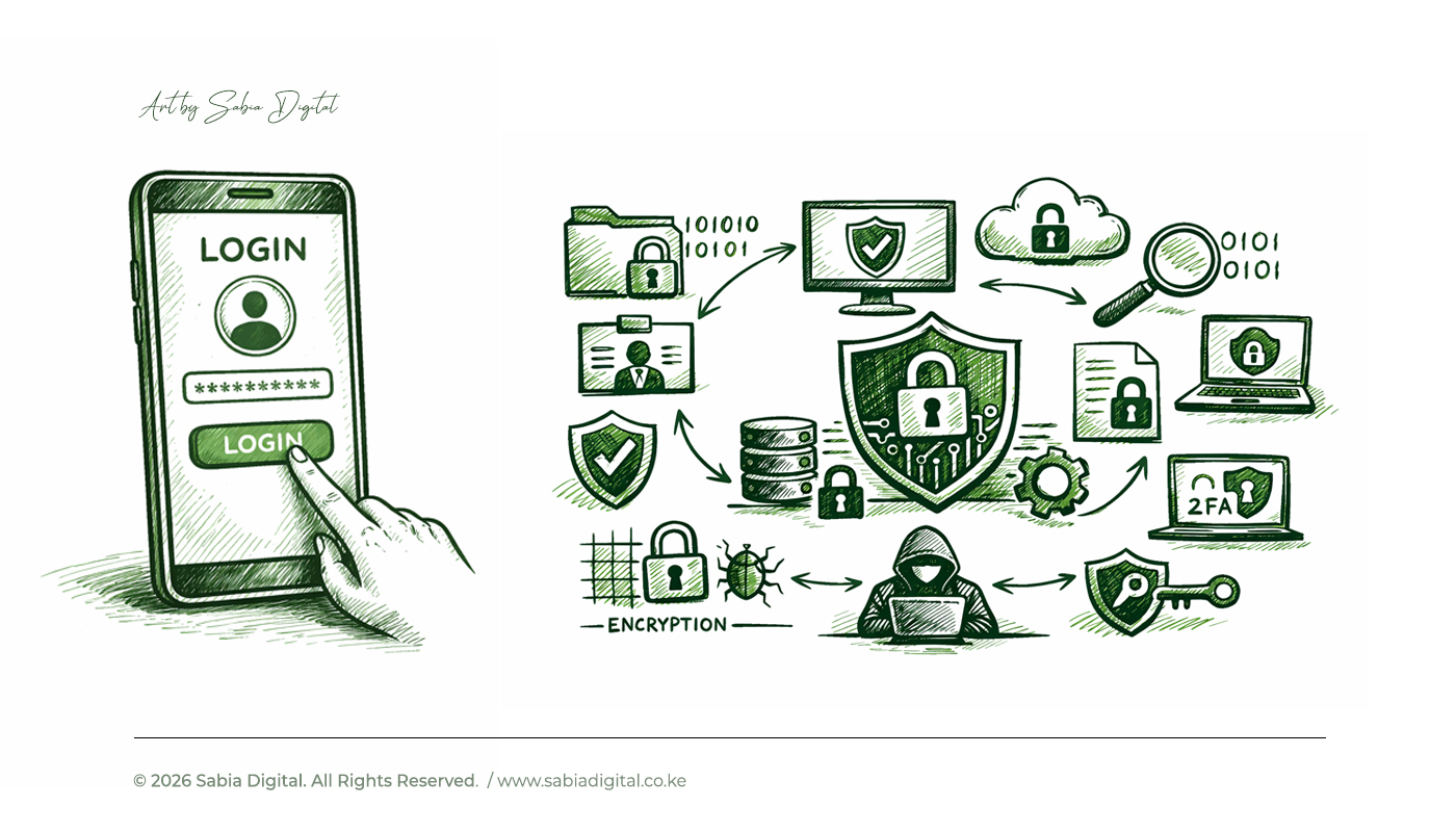 Two hand-drawn style digital illustrations in green and black sketches on a white background. The first image shows various data protection practices, including a locked folder, a shield with a checkmark, servers, cloud storage with a padlock, a magnifying glass, a laptop with a lock, a two-factor authentication laptop, and a hacker figure, all connected with arrows representing cybersecurity measures like encryption, monitoring, and secure access. The second image shows a large smartphone standing on a surface, displaying a login screen with a password field and a 'LOGIN' button, as a hand presses the button, emphasizing secure login action