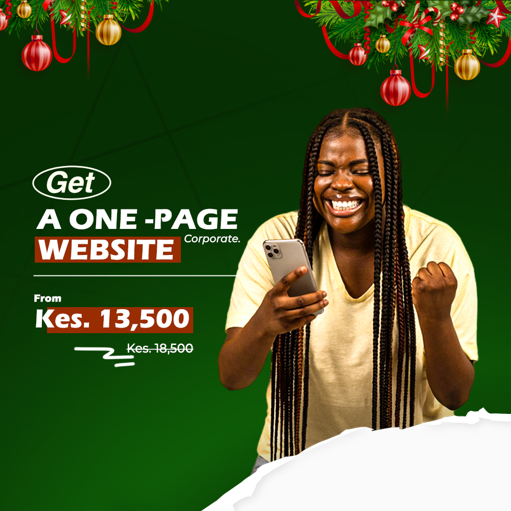 Ad-poster-for-popup-a-woman holding phone smiling-for-merry-christmas-and-happy-new-year 2026-message-and-offer-on one page website development-for only ksh 13500 or $104.69